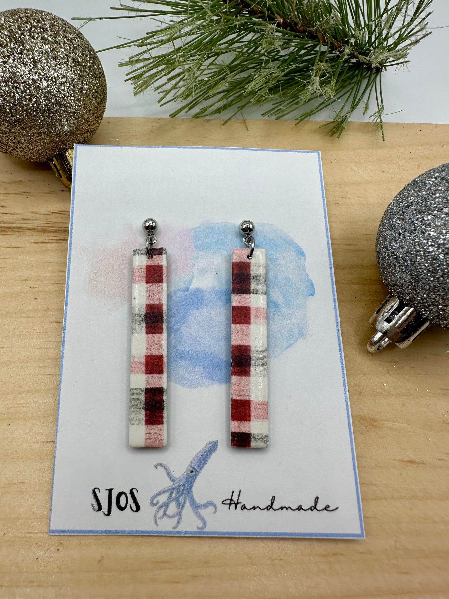 Vintage Plaid thin rectangle dangle